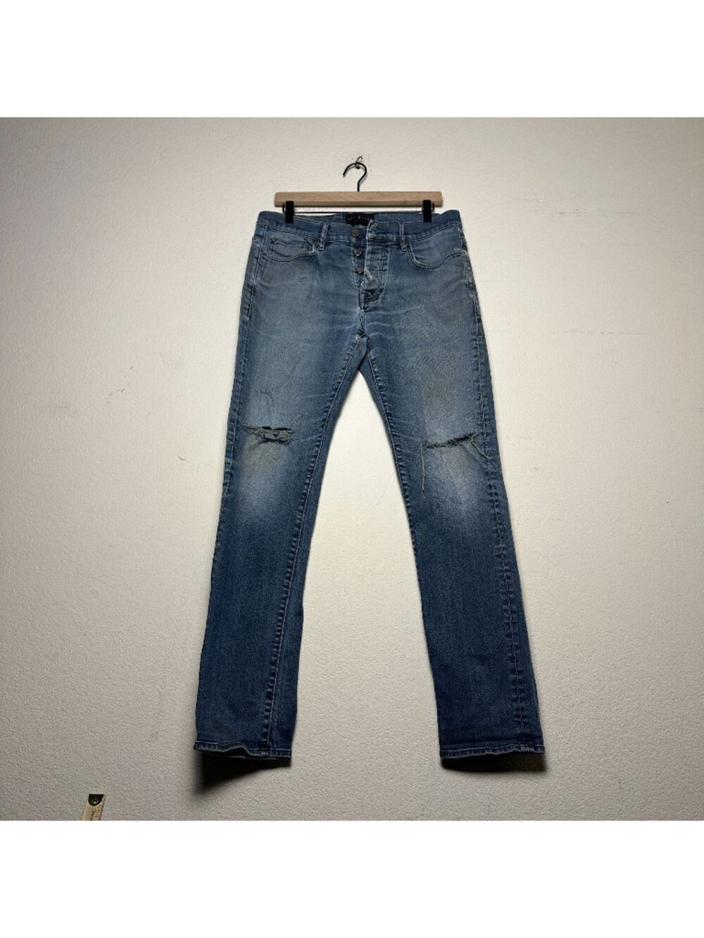 Y2K Ted Baker Denim Jean Pant Men 34x30 Distressed Blue Ripped Slim Straight Fit